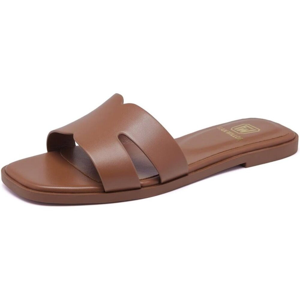 Women's Brown Square Open Toe Slip On Beach Summer Flat Slide Sandals